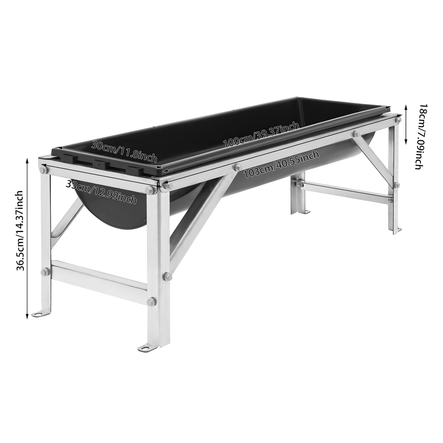 35L Livestock Feed Trough 100x30x18cm Cows Sheep Feeder with Stand Large Capacity Feeding Tool for Farms, Yards, Sheep Barns, etc White/Black