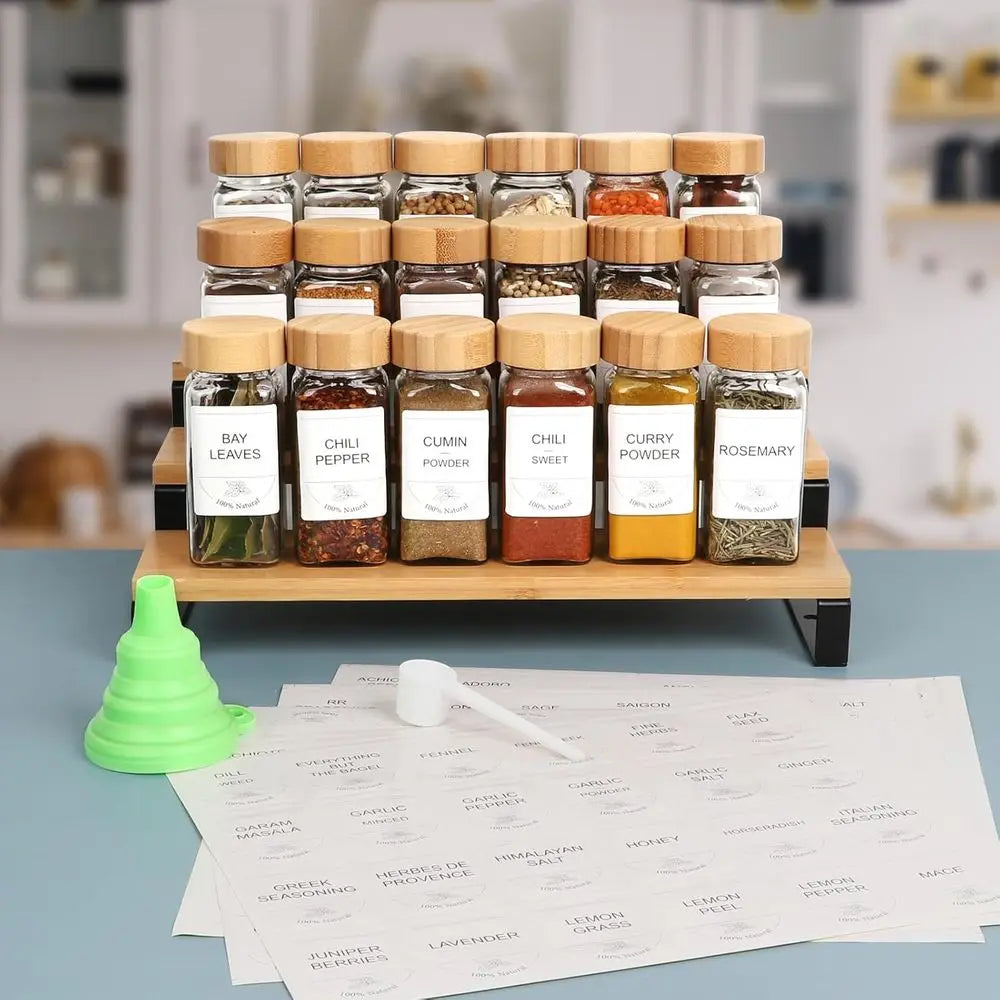 36 Pack 4 oz Glass Spice Jars with Bamboo Lids, Empty Square Containers with 319 Blank & Printed Spice Labels, Collapsibleunnel