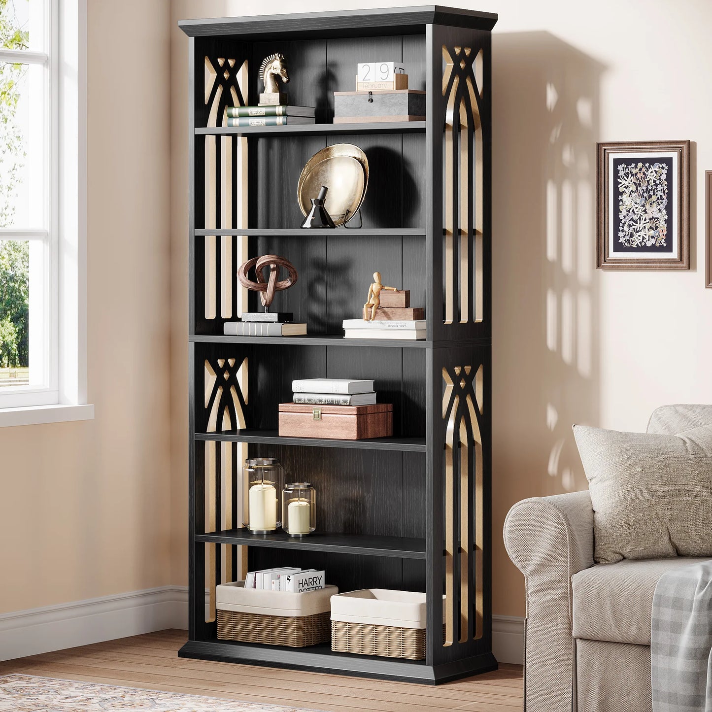 6-Tier Bookshelf, 75-Inch Tall Bookcase, Large Bookshelves and Bookcases Freestanding Display Shelves, Wood Bookshelf