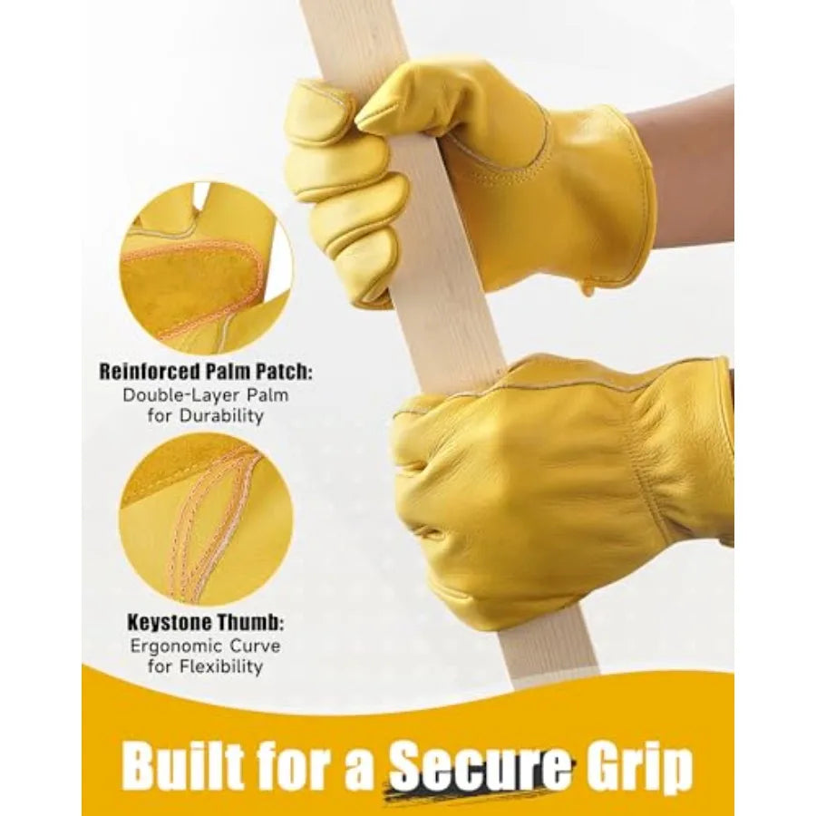 Leather Work Gloves for Men Women Reinforced Durable Gardening Gloves Cowhide Work Gloves Puncture Cut Resistant