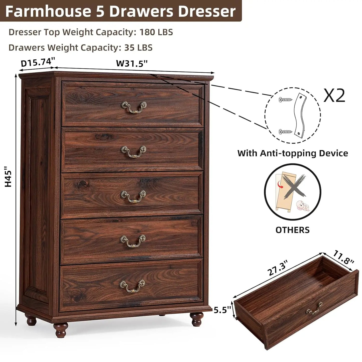 Farmhouse 5 Drawer Dresser for Bedroom, 45" Tall Rustic Chests of Drawers w/ 4 Solid Wood Feet, Mid Century Modern, Customized