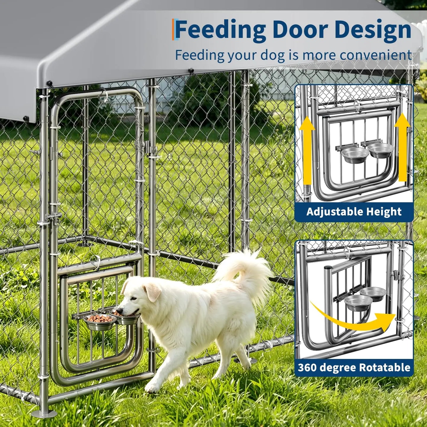 Heavy Duty 7.5x7.5x6.6 FT Outdoor Dog Kennel With Roof Cover, Lockable Feeding Door Dog Run For Large Dogs