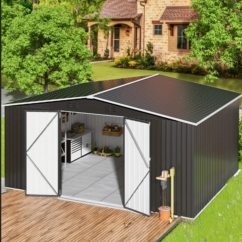 10x10~12x18FT Outdoor Metal Storage Heavy-Duty Frame Shed w/ Lockable Door, Heavy-Duty Tool Shed For Backyard Patio Graden