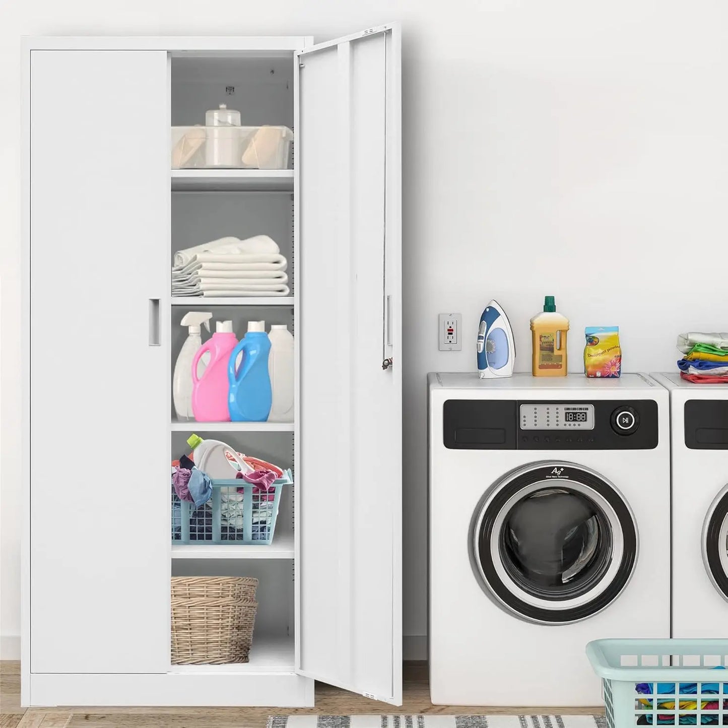 Metal Storage Cabinet, 71”H Locking Storage Cabinet with 5 Adjustable Shelves, Steel Cabinets for Garage, Pantry (White)