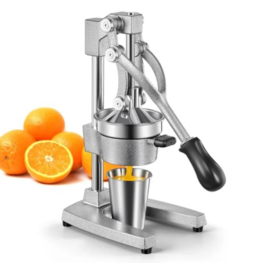 Professional cast iron manual juicer for citrus fruits, black with silver stainless steel strainer, heavy duty and easy-to-clea