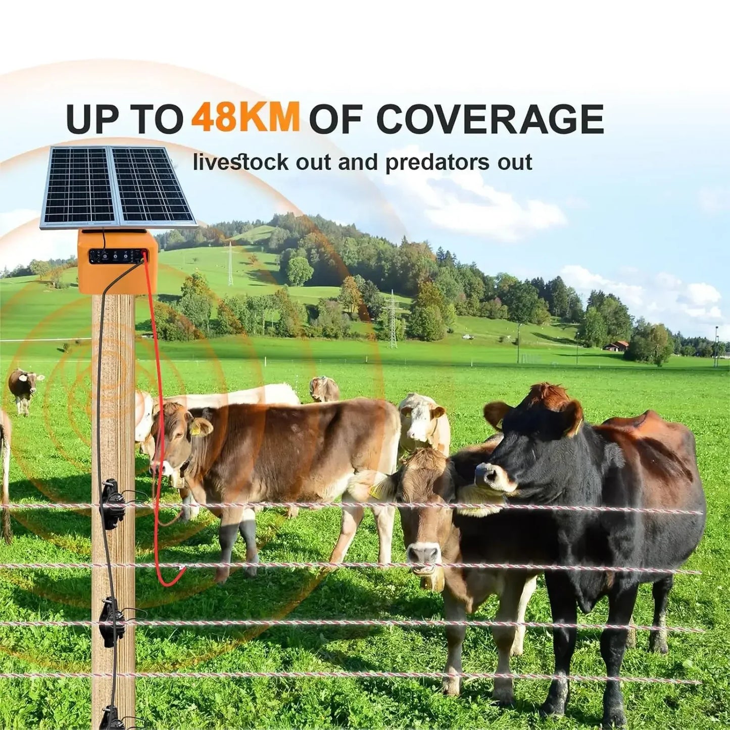48KM  Solar Electric Fence Charger 1.5 Joule for Livestock Prevent Predator Invasion with Battery 4 Gear Volotage Adjustable