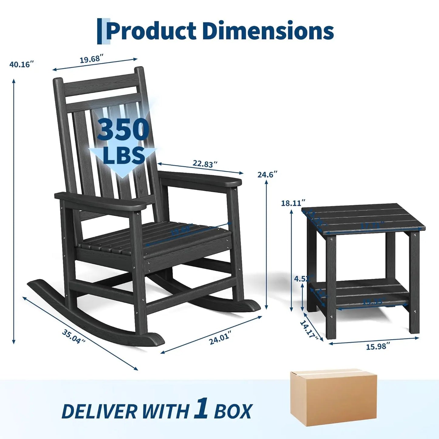 HDPE High Back Rocking Chair Set Outdoor Patio Porch All Weather Resistant w/ Side Table 2 Pcs, Customized