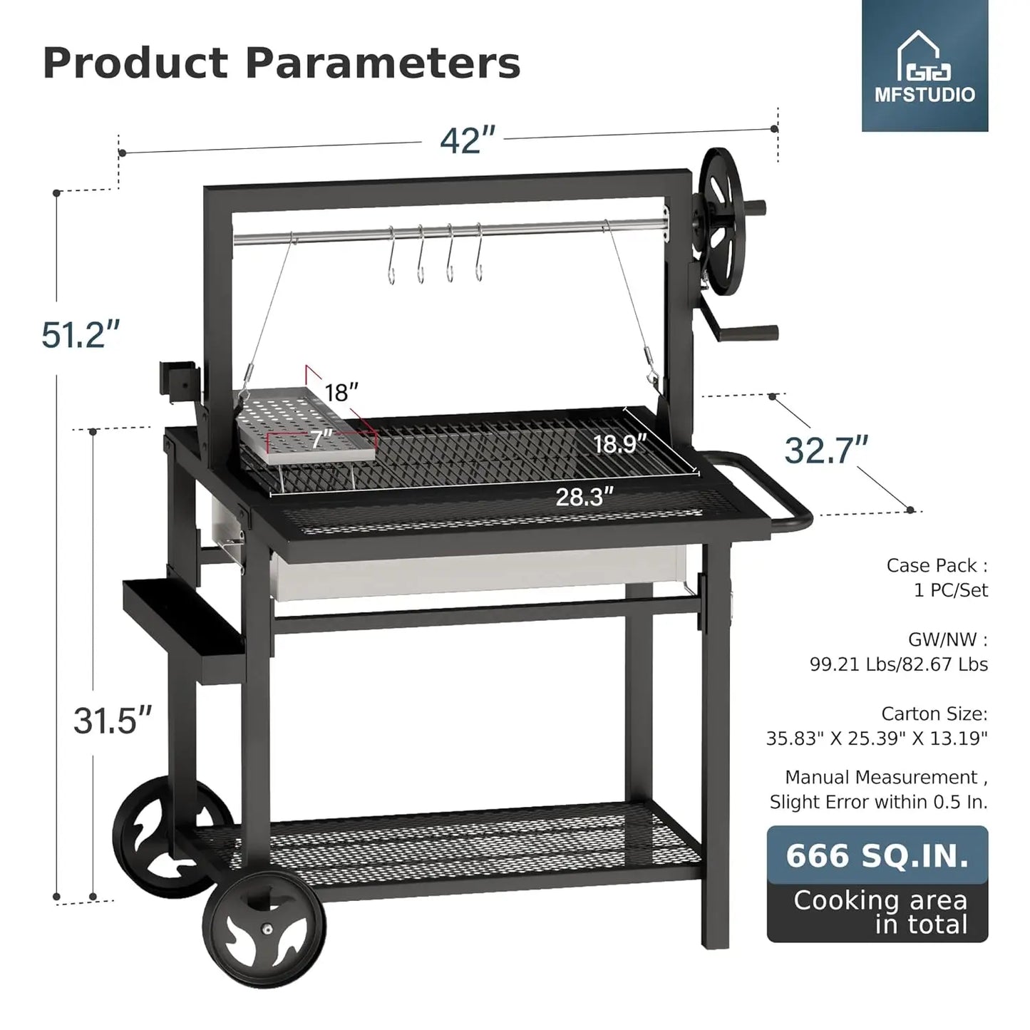 Santa Maria Charcoal & Wood BBQ Grill Adjustable Height Dual Enameled Trays 666sq.in Backyard, Custom