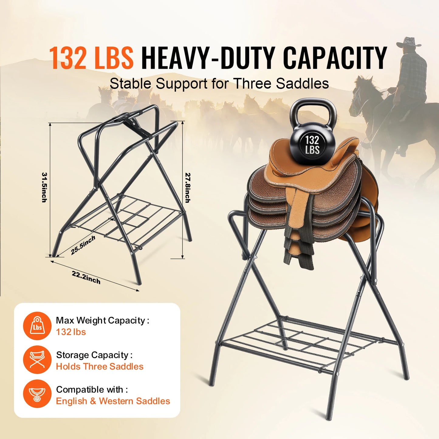 Folding Saddle Rack 28 x 19 x 37.5 in Freestanding Horse Saddle Stand Steel Saddle Rack for English & Western Saddles