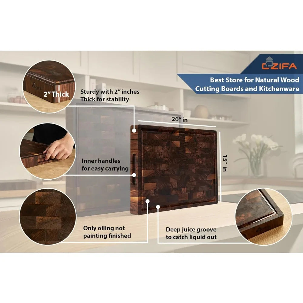 Large Thick American Black Walnut Wood Cutting Board 20x15x2 with Juice Groove and Inner Handles for Kitchen