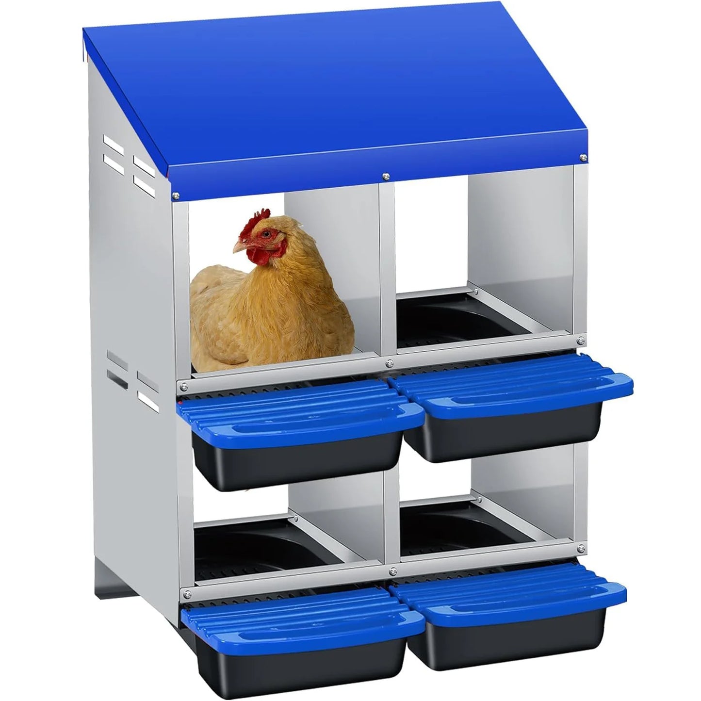 Chicken Nesting Box 4 Compartment Roll Away Design Automatic Roll-Out Egg Collection with Perch Wall Mount for Hens Ducks Rabbit