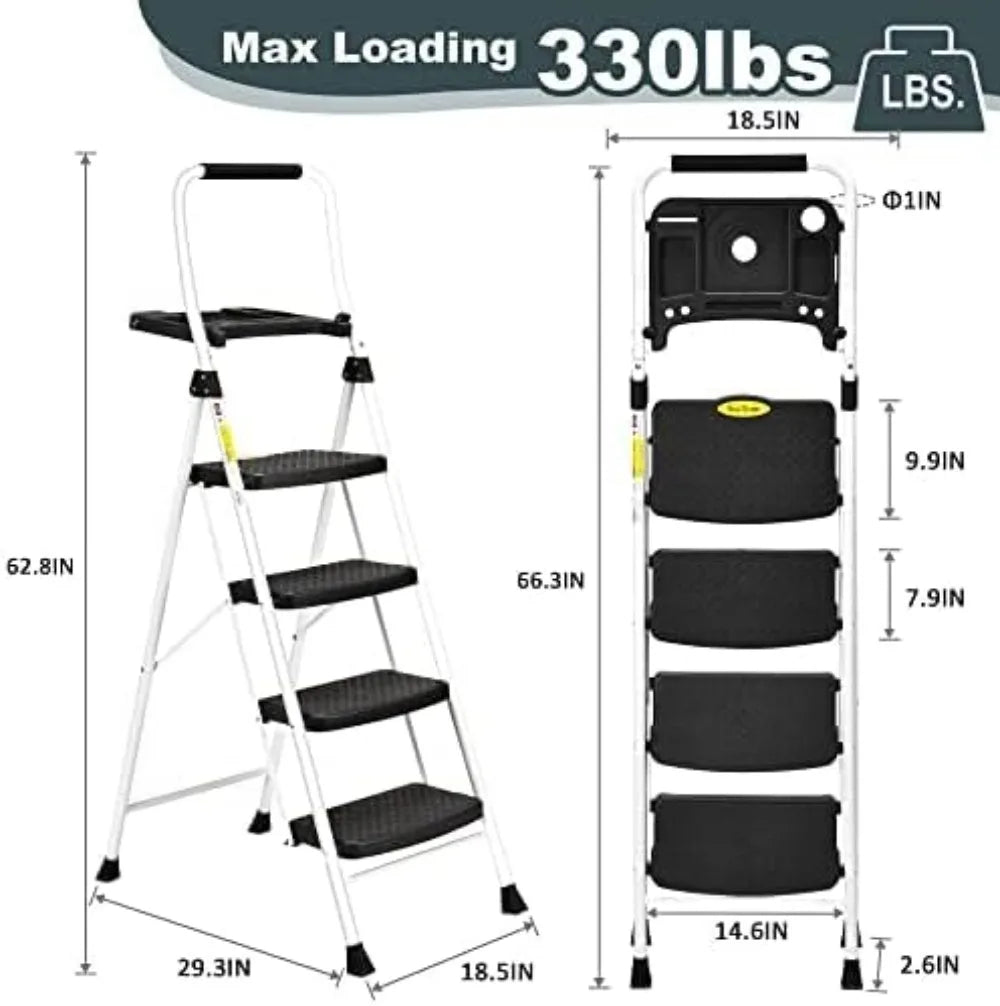 4 Step Folding Ladder with Tool Platform, 330LBS Capacity Steel Step Stool for Home Kitchen Pantry Office
