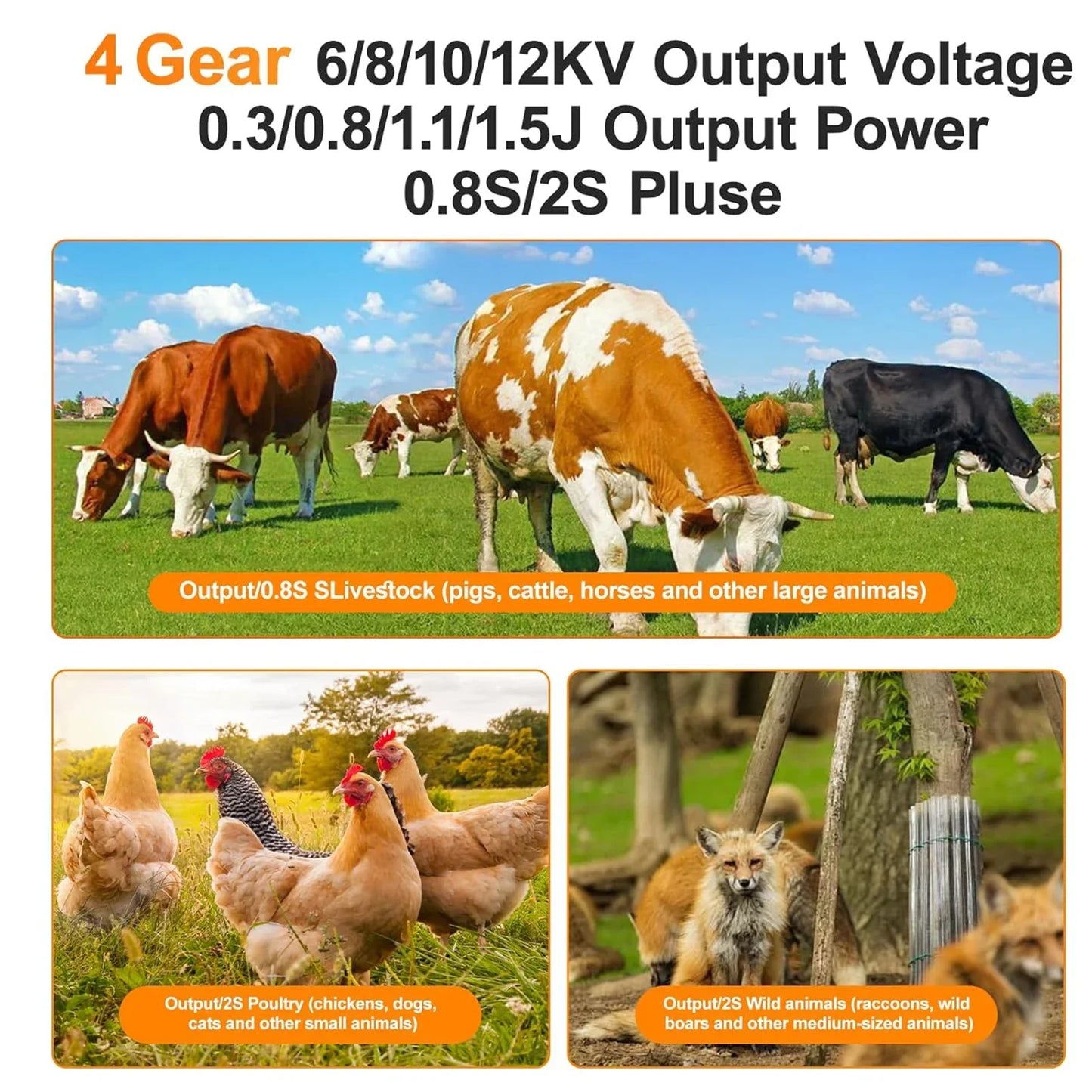 48KM  Solar Electric Fence Charger 1.5 Joule for Livestock Prevent Predator Invasion with Battery 4 Gear Volotage Adjustable