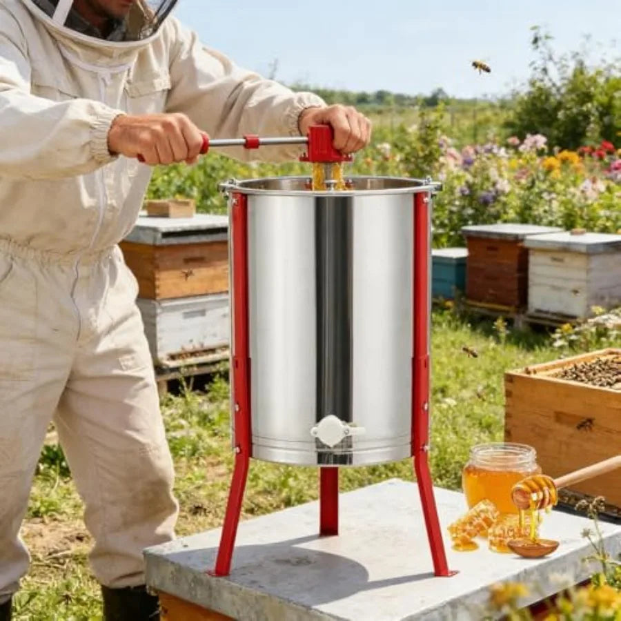 Beekeeping honey extractor: 3-frame manual centrifuge with 304 food-grade stainless steel honeycomb spinner transparent lid adj