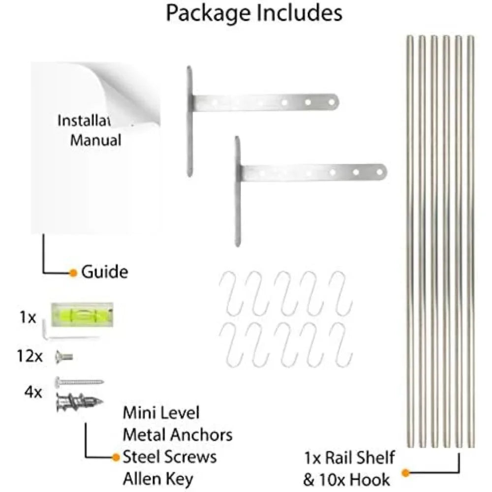 Kitchen Organization and Storage Rack, StainlSteel Metal Wall Shelf with 10 S Hooks for Hanging Pots and Pans, Chrome