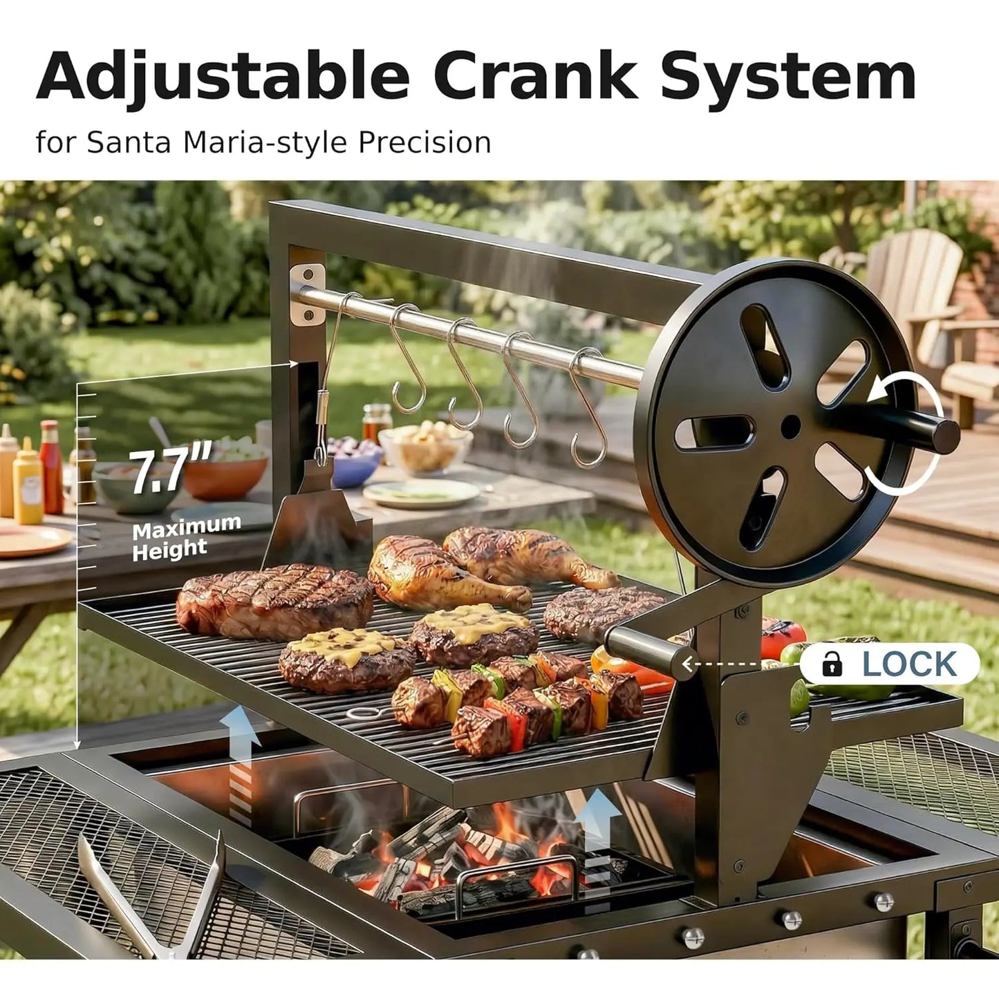 Santa Maria Charcoal & Wood BBQ Grill Adjustable Height Dual Enameled Trays 666sq.in Backyard, Custom