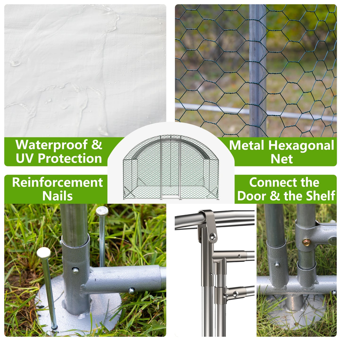 Large Chicken Coop Metal Chicken Run with Waterproof and Anti-UV Cover, Dome Shaped Walk-in Fence Cage Hen House