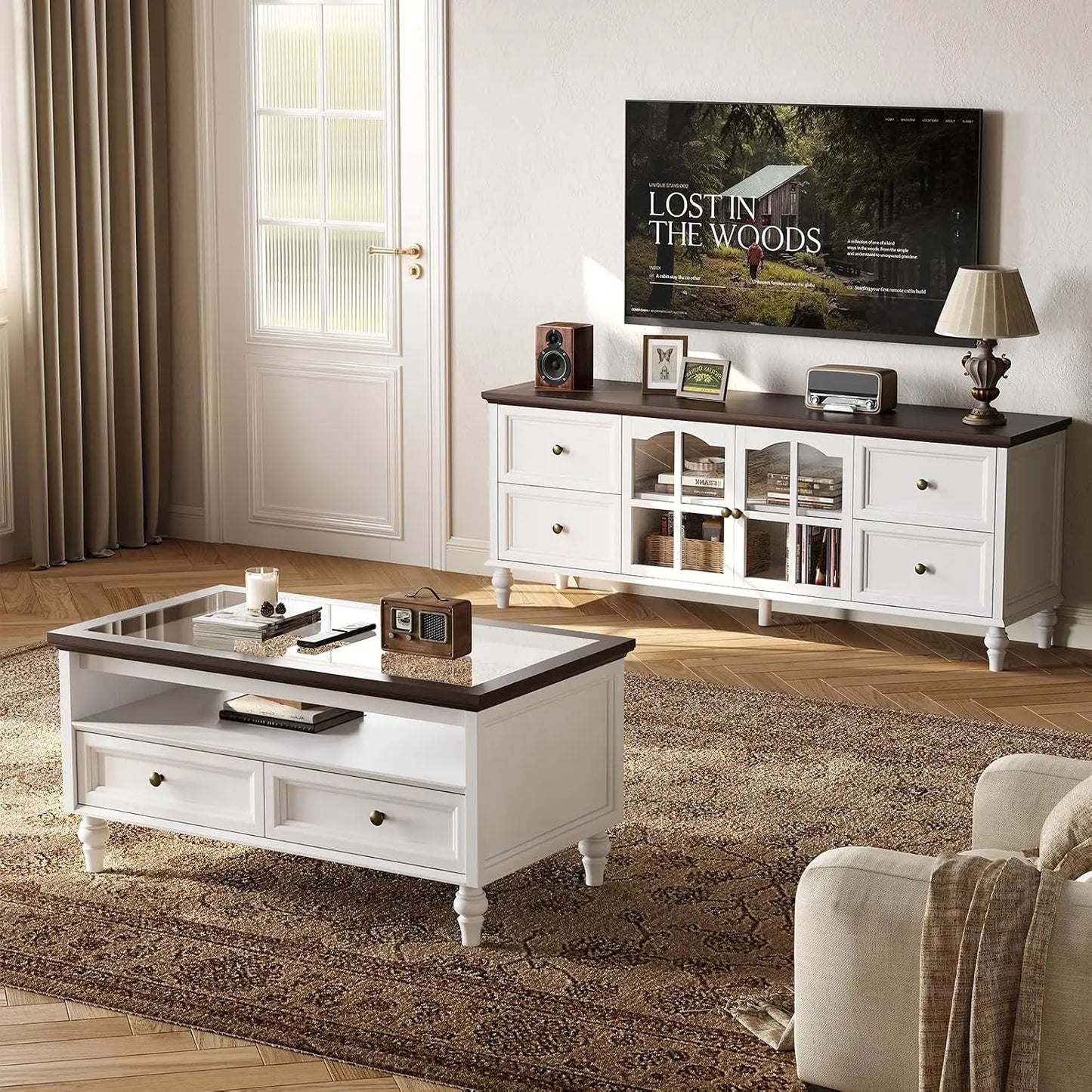 62 Inch Farmhouse Wood TV Stand Entertainment Center with Storage, 4 Drawers & Glass Doors, Adjustable Shelves Media Console for Living Room/Bedroom