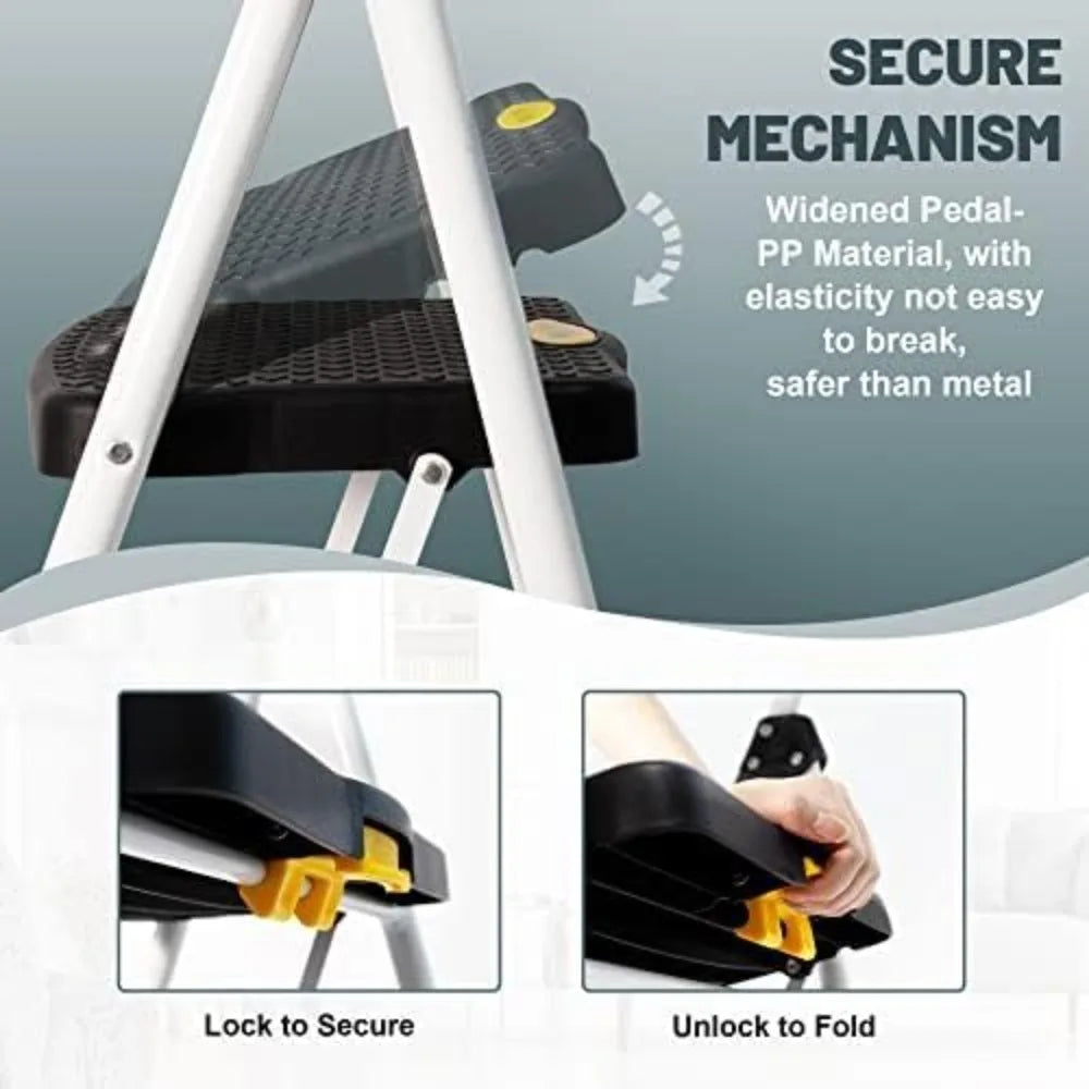 4 Step Folding Ladder with Tool Platform, 330LBS Capacity Steel Step Stool for Home Kitchen Pantry Office