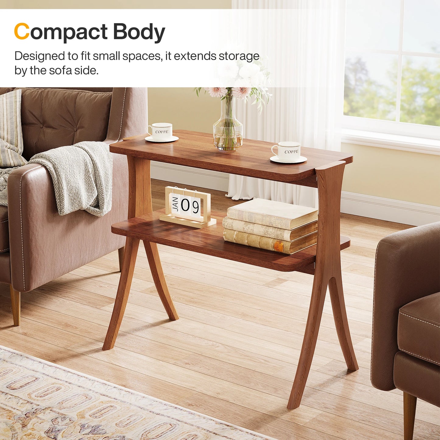 Walnut Side Table for Living Room, Narrow End Table with 2-Tier Storage Shelf and Solid Wood Legs, Slim Bedside Table