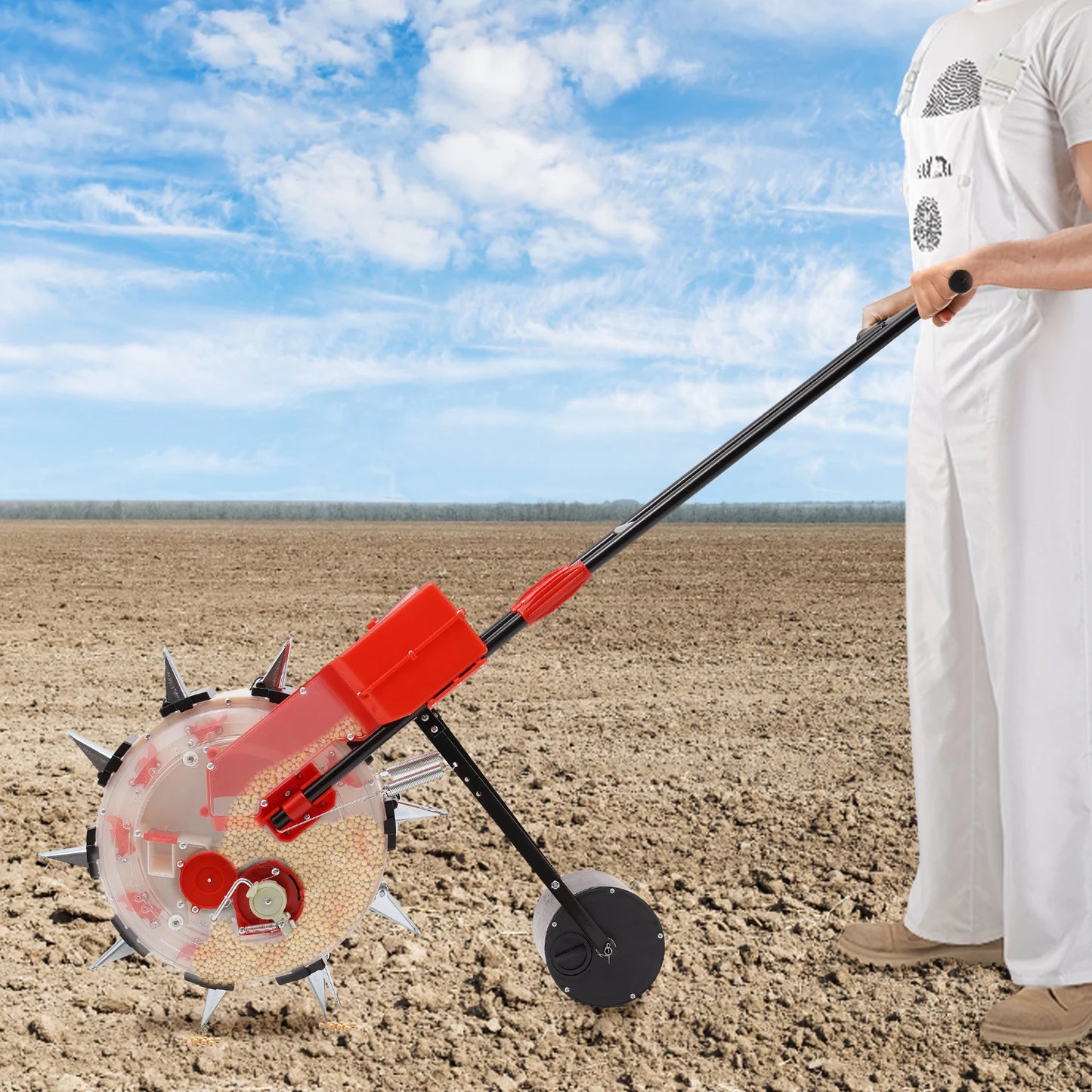 10-Row Push Seeder for Corn Beans Adjustable Depth 1.38-3.07in 8.27lb Hopper Garden Planting Machine with 3 Wheels