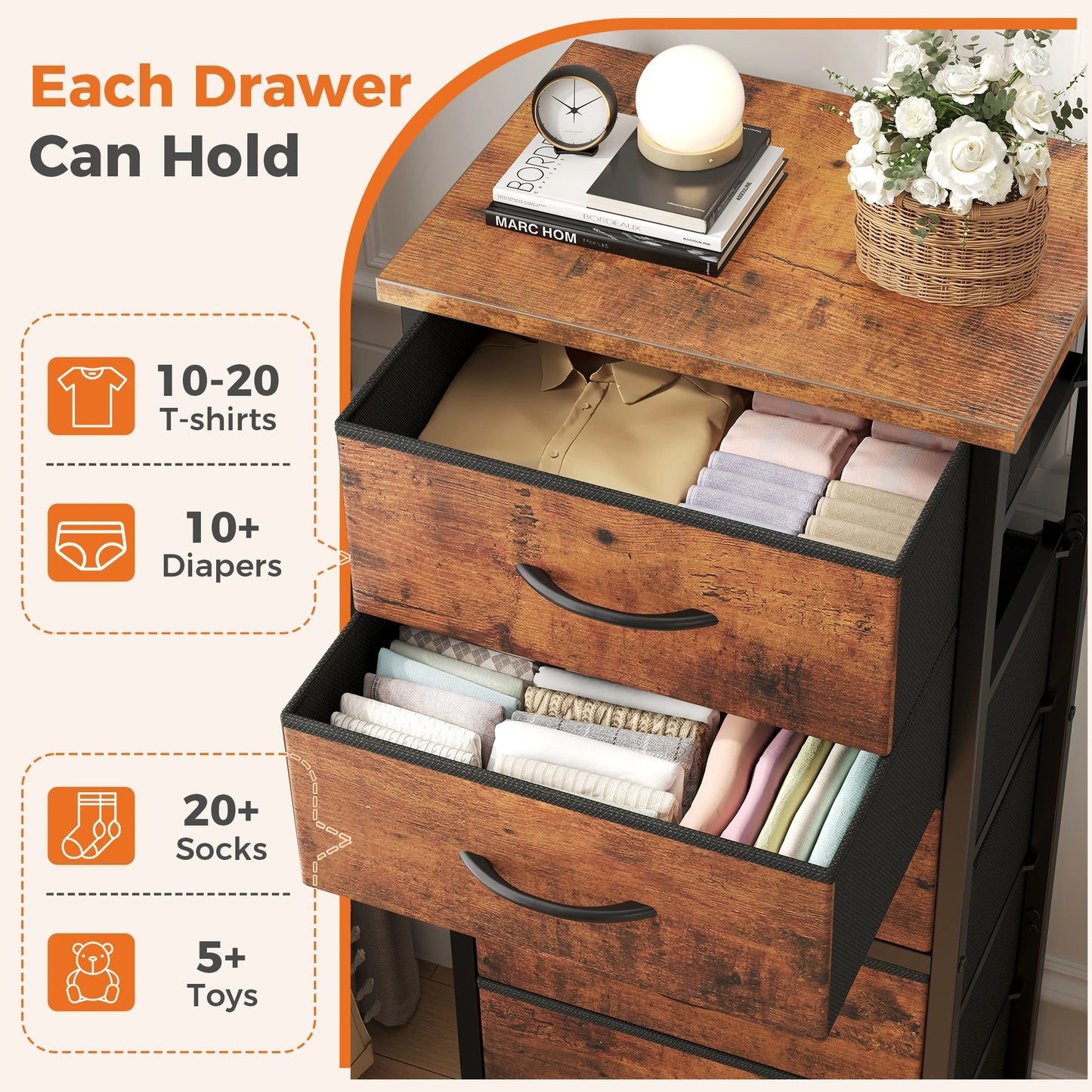 Tall 6 Fabric Drawer Dresser  for Bedroom Wood Top and Metal Frame Skinny Chest of Drawers Narrow Storage Tower with Organization Furniture