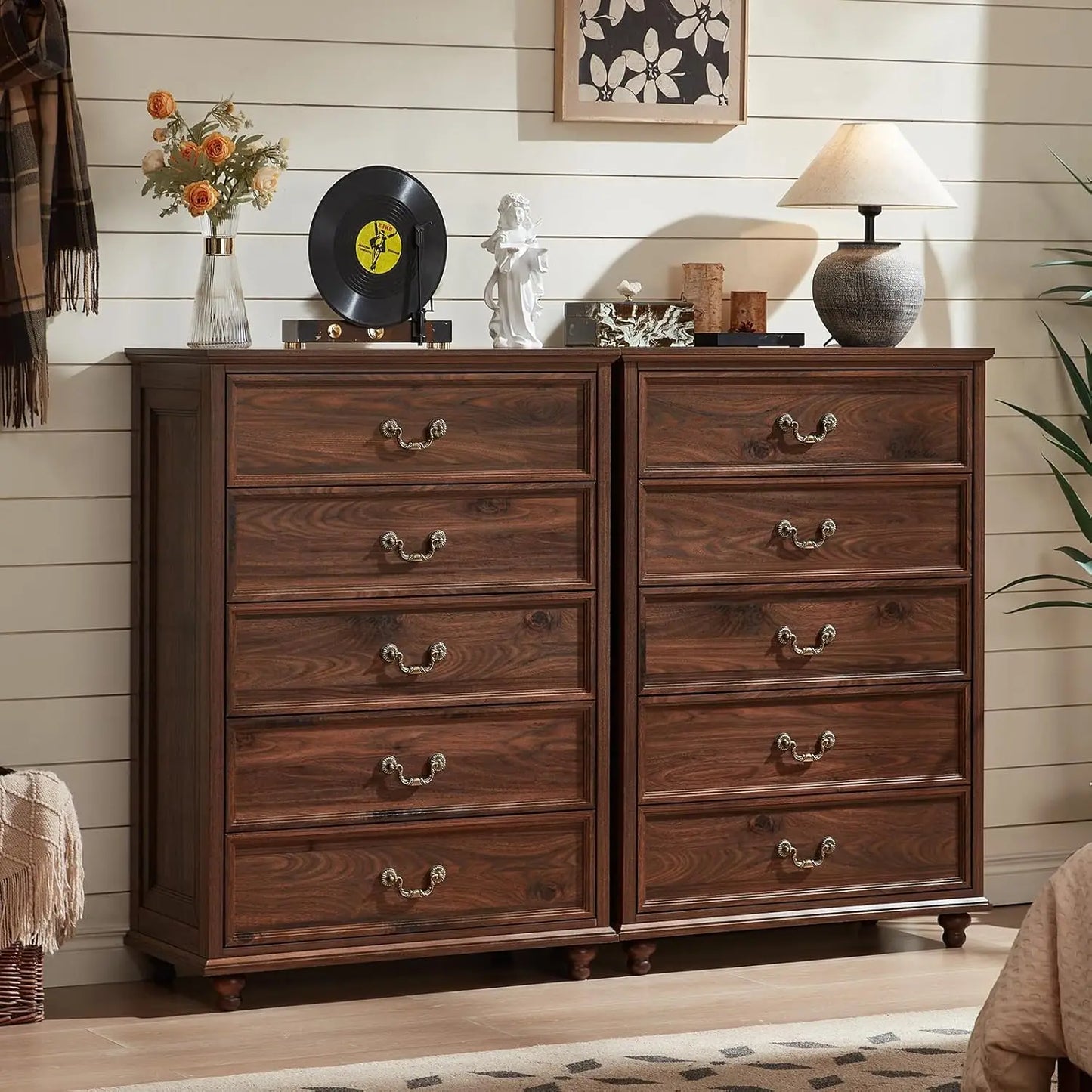Farmhouse 5 Drawer Dresser for Bedroom, 45" Tall Rustic Chests of Drawers w/ 4 Solid Wood Feet, Mid Century Modern, Customized