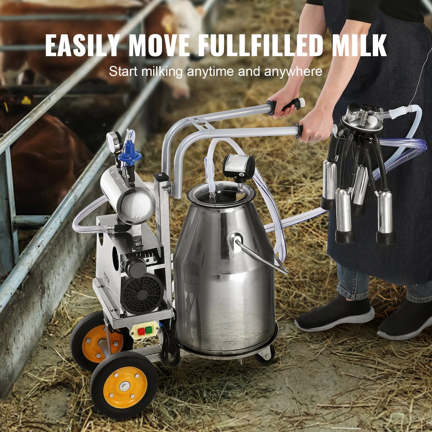 Electric Cow Milking Machine 6.6 Gal /25 L 304 Stainless Steel Bucket Automatic Pulsation Vacuum Milker Portable Milker