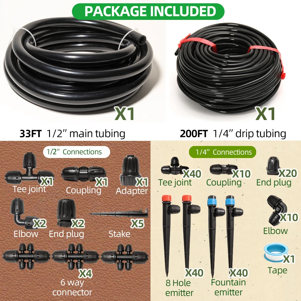 Drip Irrigation System Kit with 33Ft 1/2 Inch Tubing, 200Ft 1/4 Inch Tubing Automatic Irrigation Equipment Locked Fittings