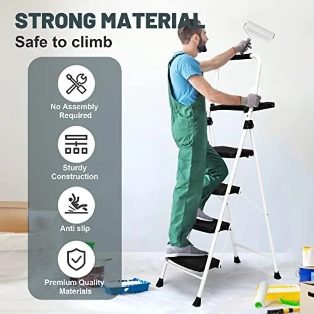 4 Step Folding Ladder with Tool Platform, 330LBS Capacity Steel Step Stool for Home Kitchen Pantry Office