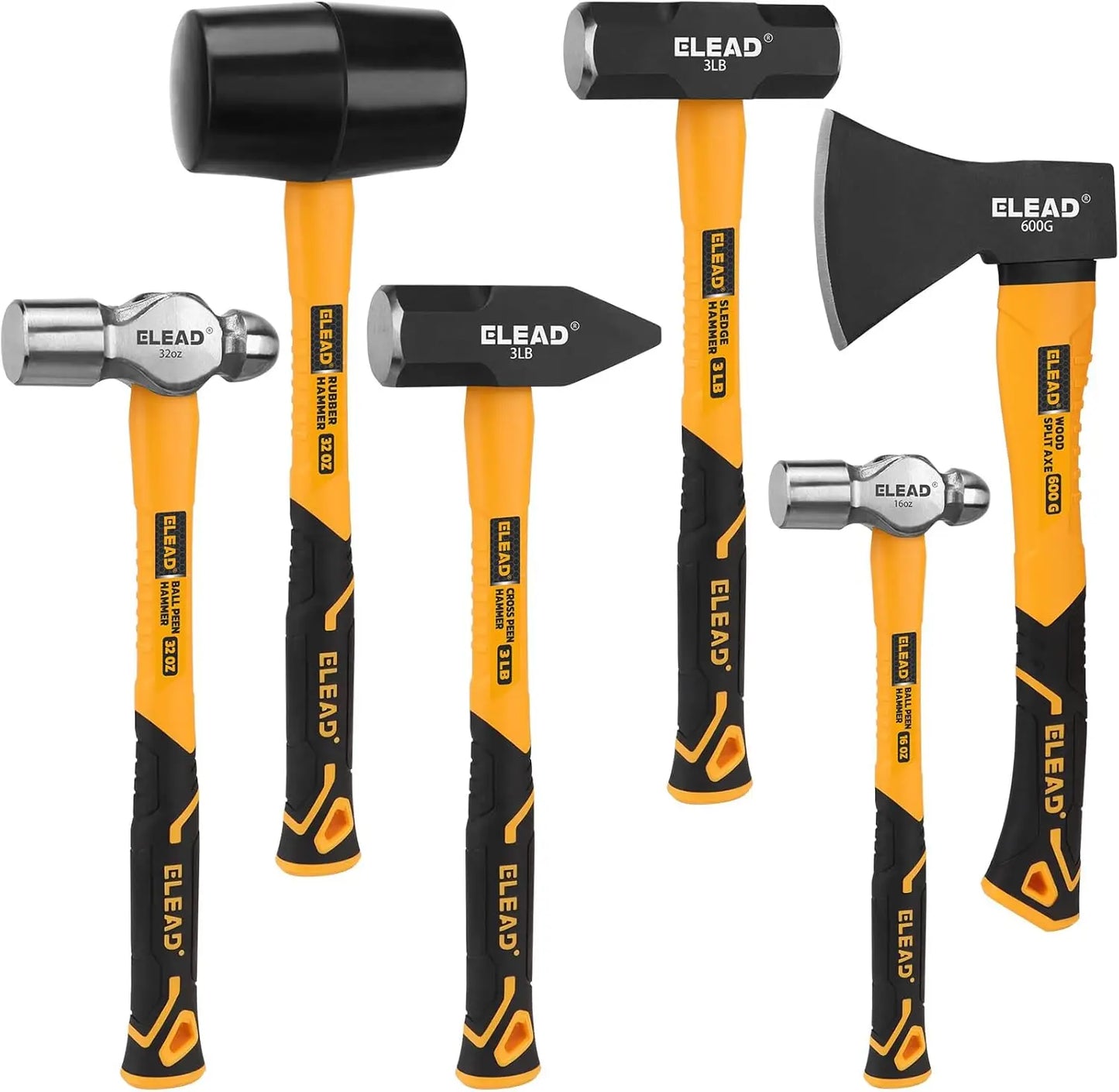 6-Piece Mallet Hammer Set, 32oz Rubber & Ball Peen Hammers, 16oz Ball Peen, 3LB Sledge & Cross Peen, 600g Wood Split Ax