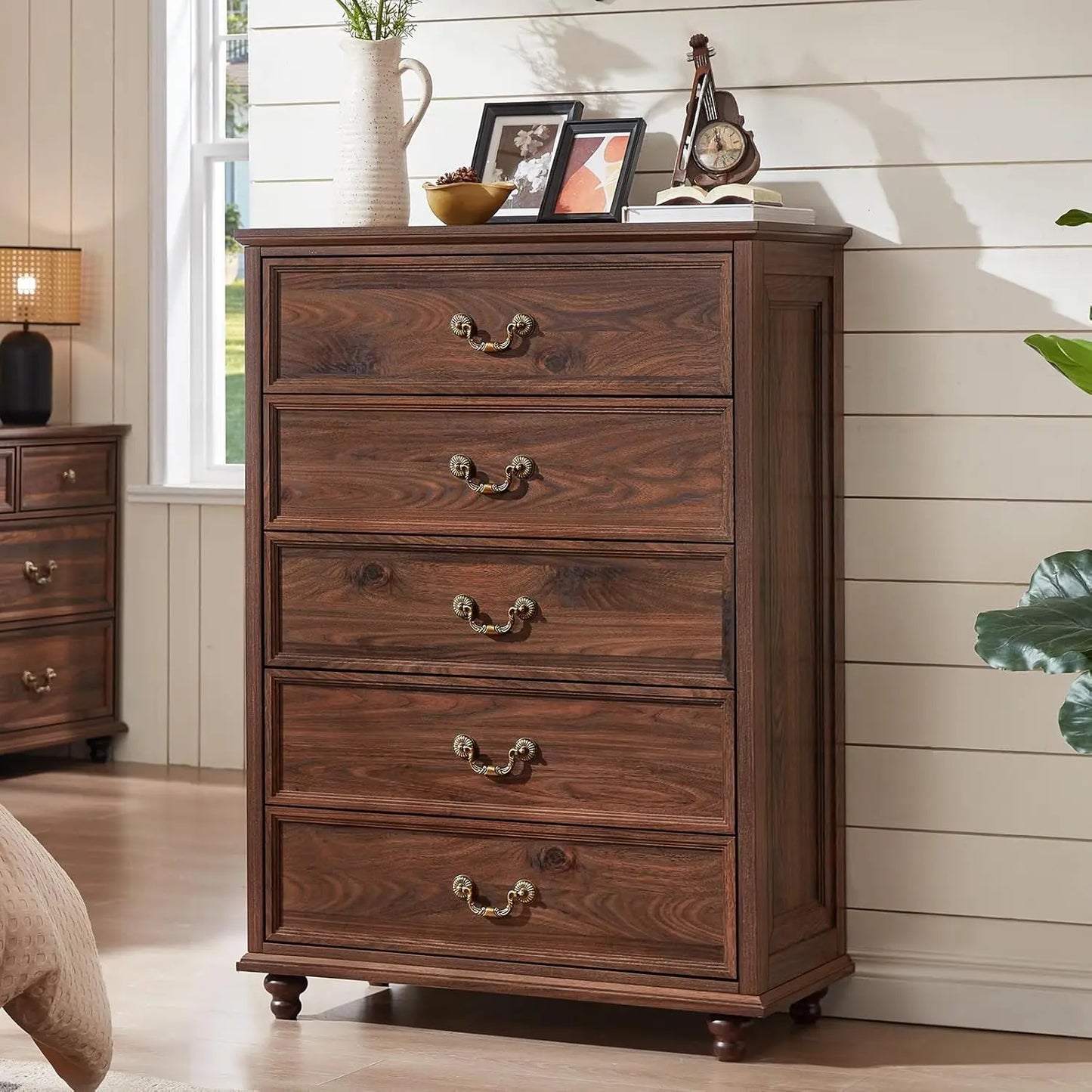 Farmhouse 5 Drawer Dresser for Bedroom, 45" Tall Rustic Chests of Drawers w/ 4 Solid Wood Feet, Mid Century Modern, Customized