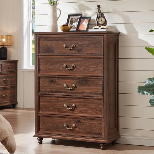 Farmhouse 5 Drawer Dresser for Bedroom, 45" Tall Rustic Chests of Drawers w/ 4 Solid Wood Feet, Mid Century Modern, Customized