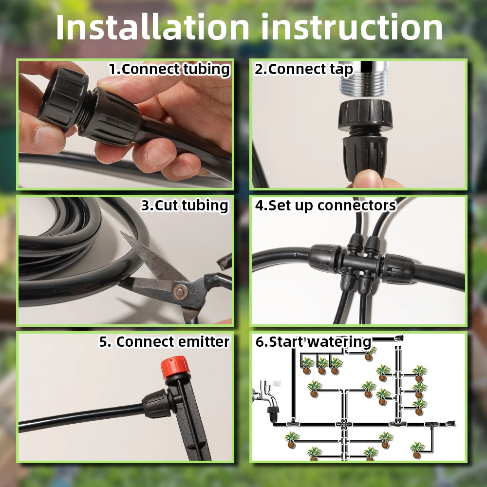 Drip Irrigation System Kit with 33Ft 1/2 Inch Tubing, 200Ft 1/4 Inch Tubing Automatic Irrigation Equipment Locked Fittings