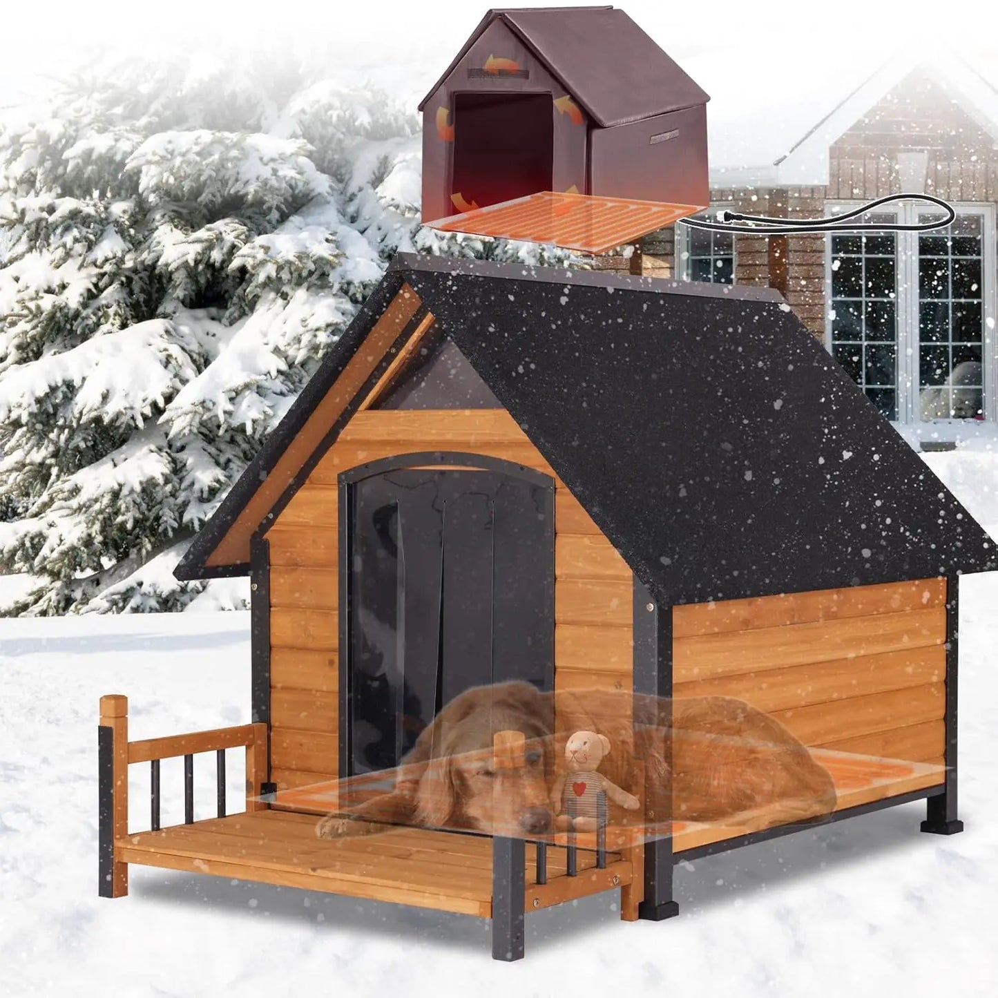 Insulated Heated Dog House Weatherproof Outdoor Kennel Chew-Resistant Iron Frame Asphalt Roof Wood XL Custom