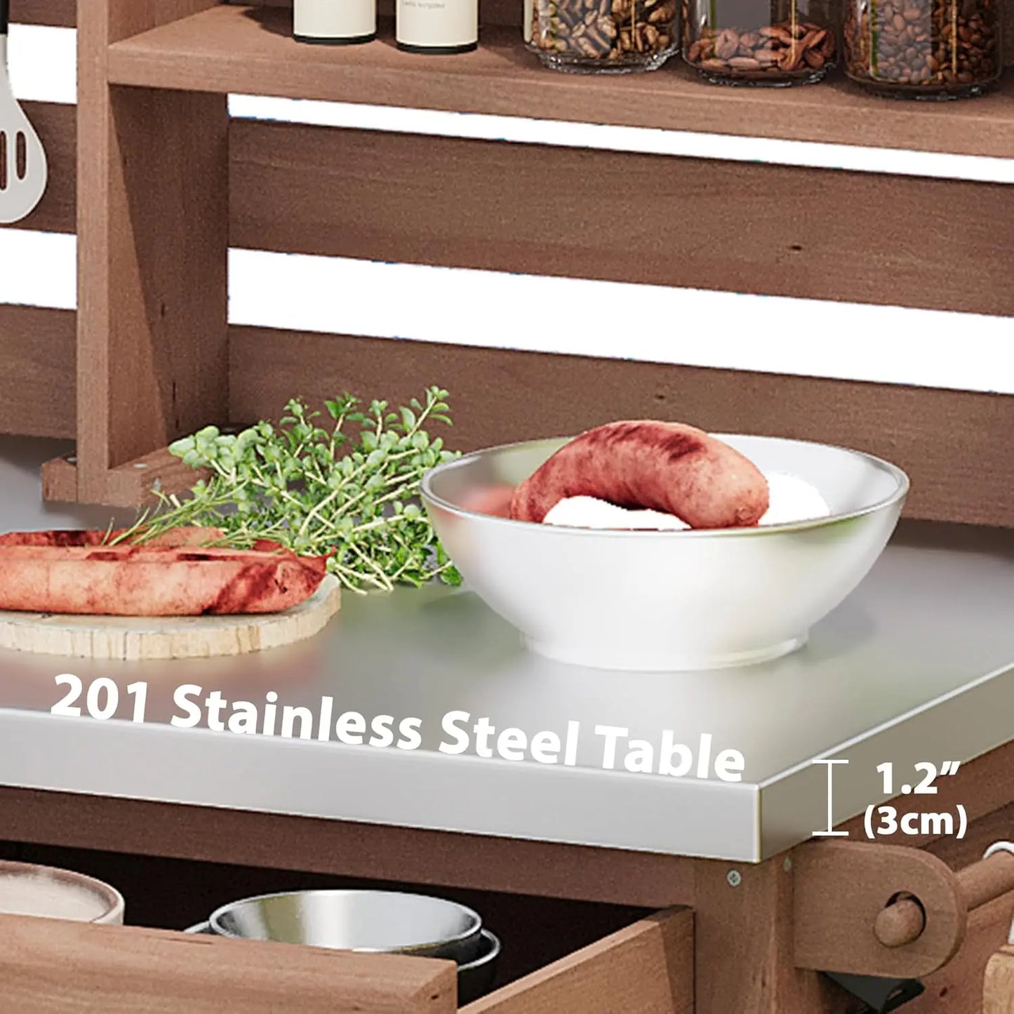 64.9"H Outdoor Potting Bench Table, Outdoor Wood Workstation Table with Lockable Wheels, Stainless Steel Top, Towel, Customized