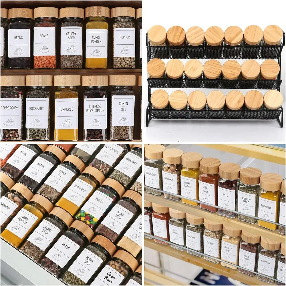 36 Pack 4 oz Glass Spice Jars with Bamboo Lids, Empty Square Containers with 319 Blank & Printed Spice Labels, Collapsibleunnel