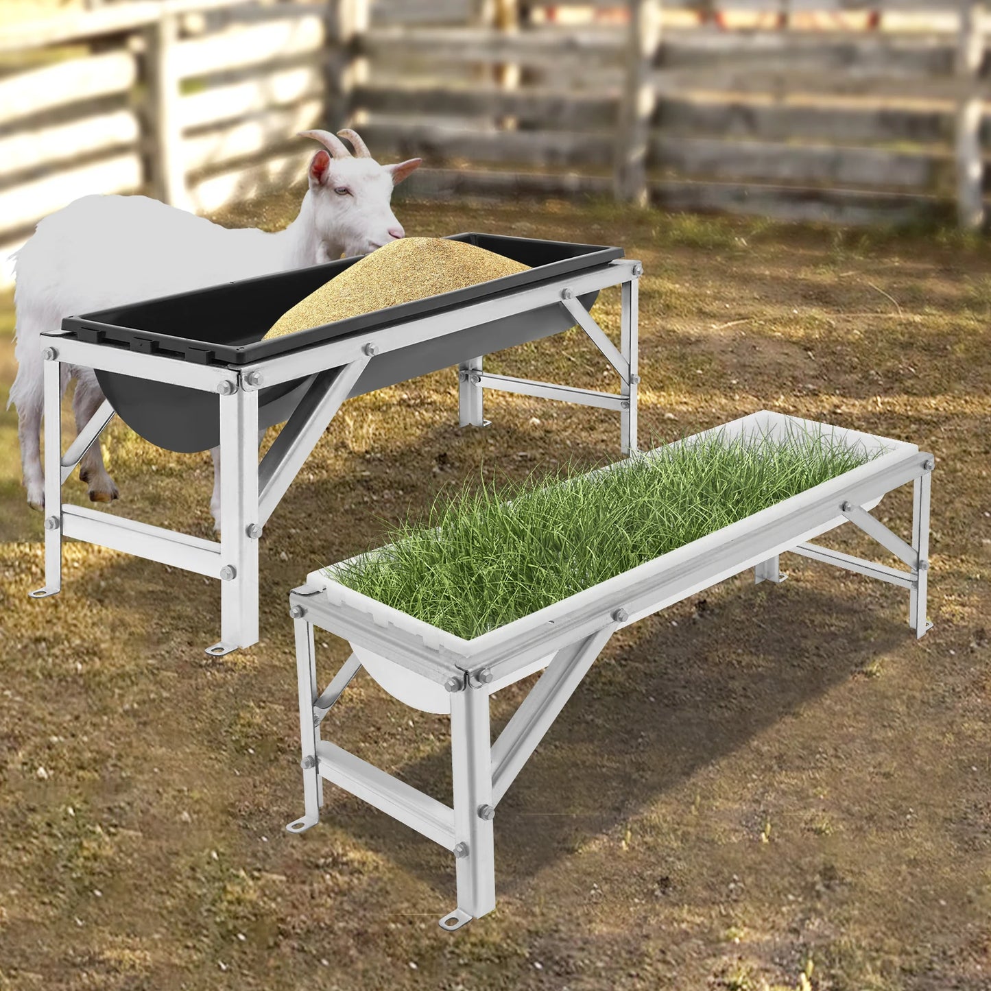 35L Livestock Feed Trough 100x30x18cm Cows Sheep Feeder with Stand Large Capacity Feeding Tool for Farms, Yards, Sheep Barns, etc White/Black