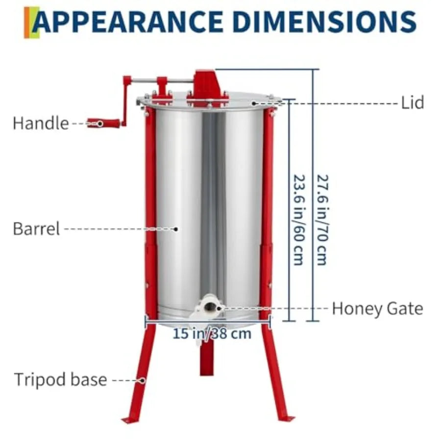 Beekeeping honey extractor: 3-frame manual centrifuge with 304 food-grade stainless steel honeycomb spinner transparent lid adj