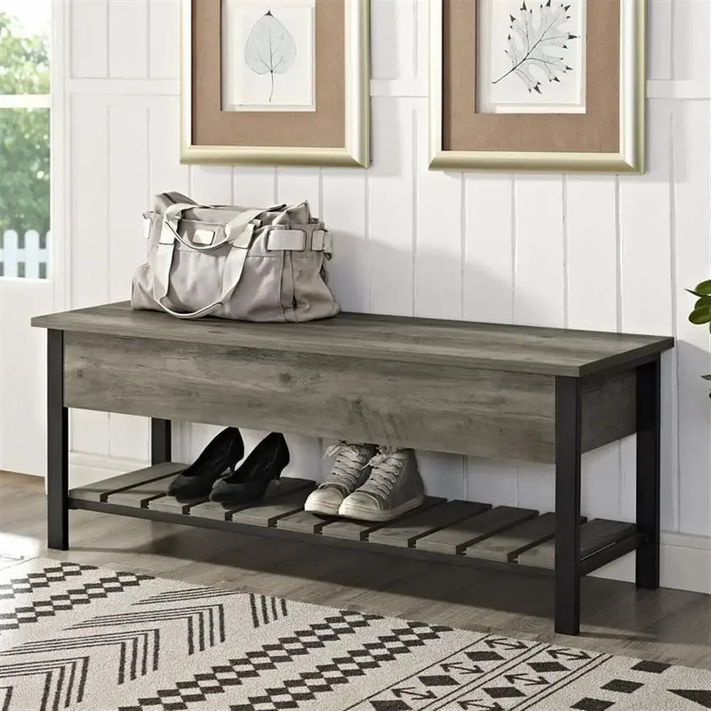 Farmhouse Entryway Bench Shoe Storage Open-Top Hallway Organizer, 48 Inch, in Rustic Gray Wash