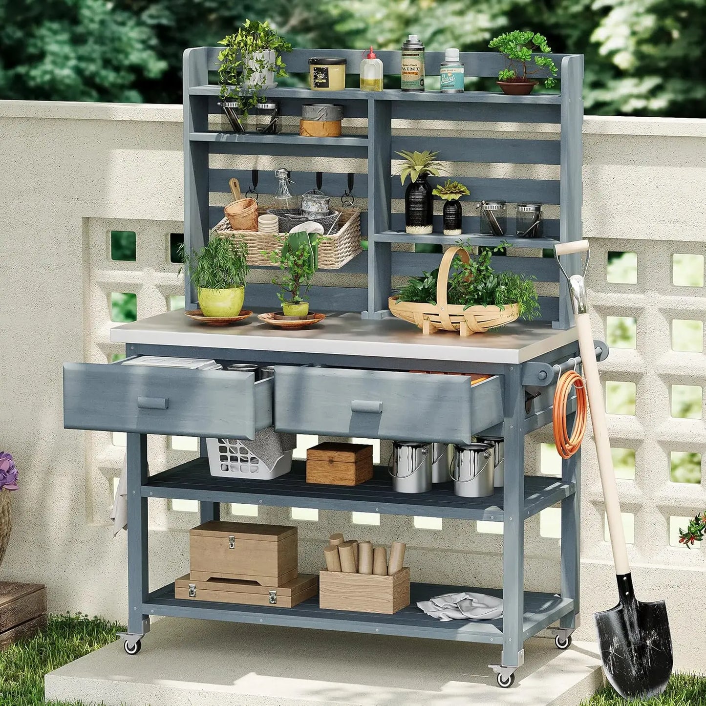 64.9"H Outdoor Potting Bench Table, Outdoor Wood Workstation Table with Lockable Wheels, Stainless Steel Top, Towel, Customized
