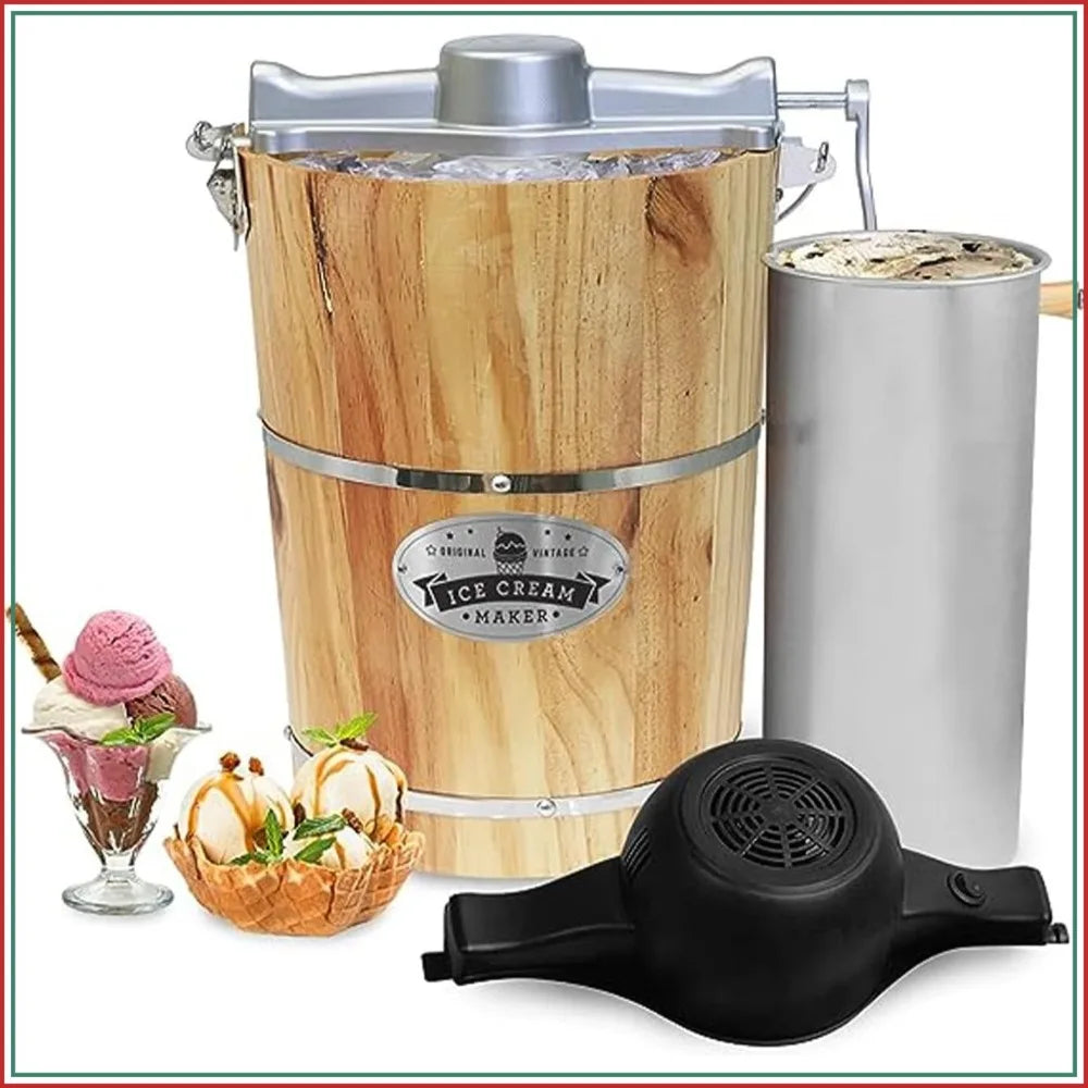 6 Quart Vintage Electric Ice Cream Maker, Bonus Hand Crank, Fast Churning
