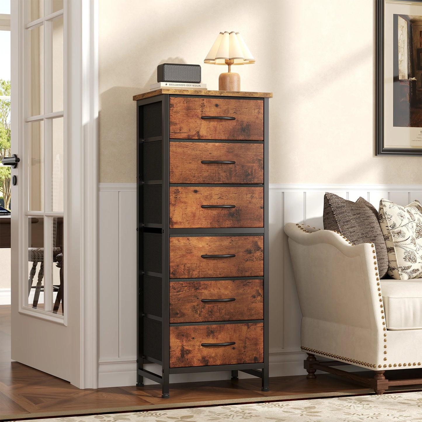 Tall 6 Fabric Drawer Dresser  for Bedroom Wood Top and Metal Frame Skinny Chest of Drawers Narrow Storage Tower with Organization Furniture