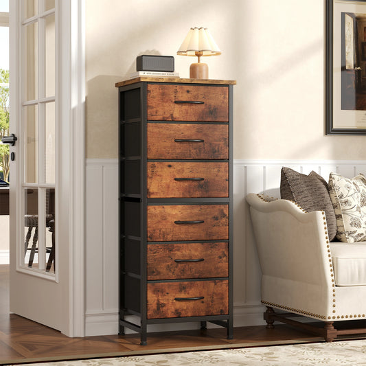 Tall 6 Fabric Drawer Dresser  for Bedroom Wood Top and Metal Frame Skinny Chest of Drawers Narrow Storage Tower with Organization Furniture