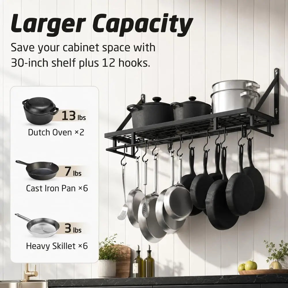 30-Inch Kitchen Pan Pot Rack Wall Mounted, Hanging Storage Organizer | 88 Lbs Capacity, Wall Shel with 12 Sturdy Hooks, 16-Inch