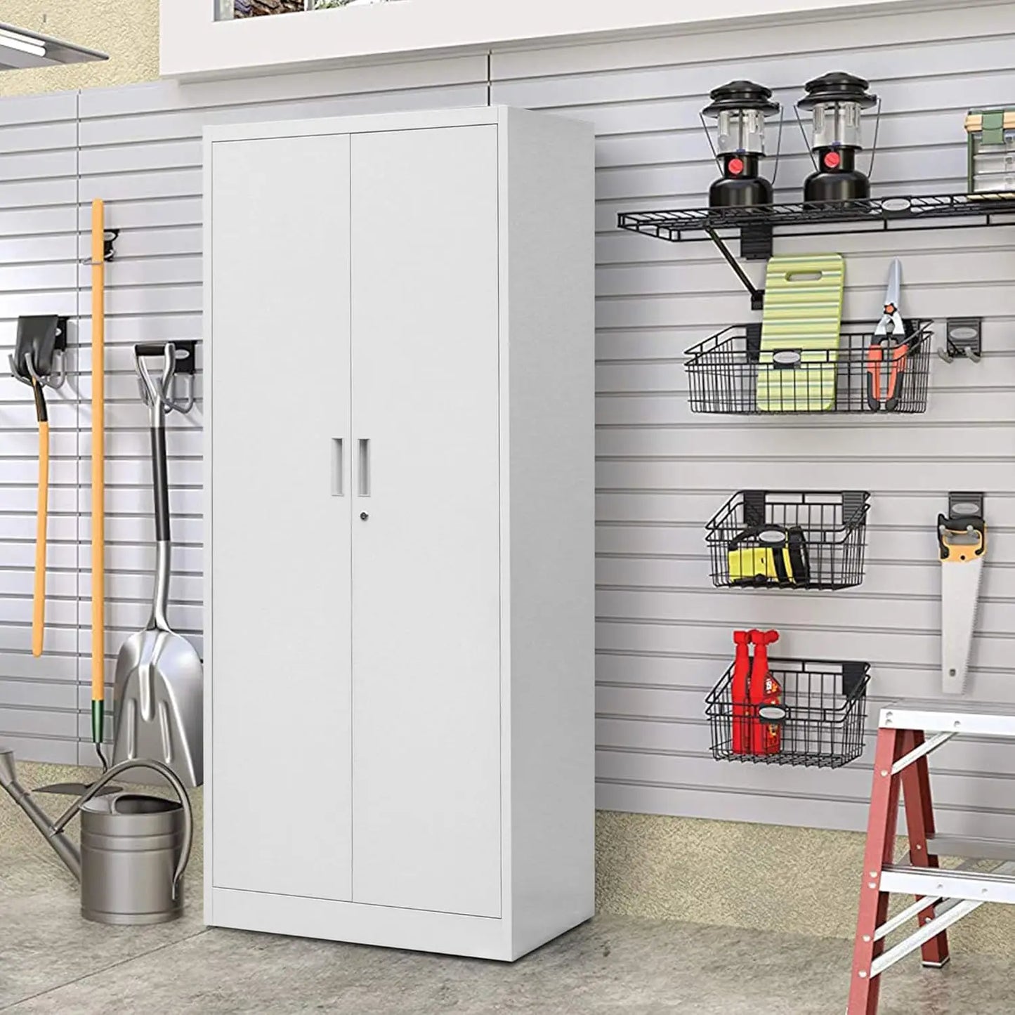 Metal Storage Cabinet, 71”H Locking Storage Cabinet with 5 Adjustable Shelves, Steel Cabinets for Garage, Pantry (White)