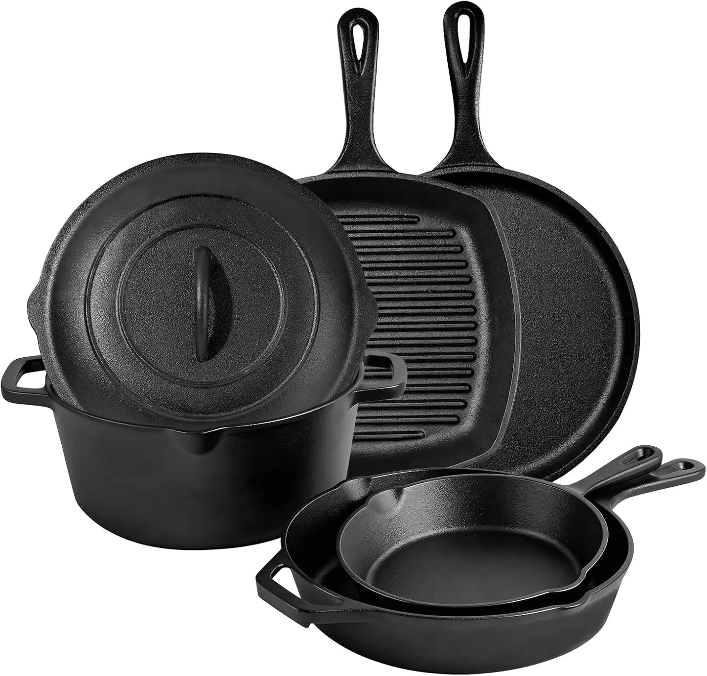 6 Piece Pre-Seasoned Cast Iron Cookware Set – Incl. 5QT Dutch Oven with Lid, 8'' and 10.25'' Cast Iron Skillets, 10.5'' Round Gr