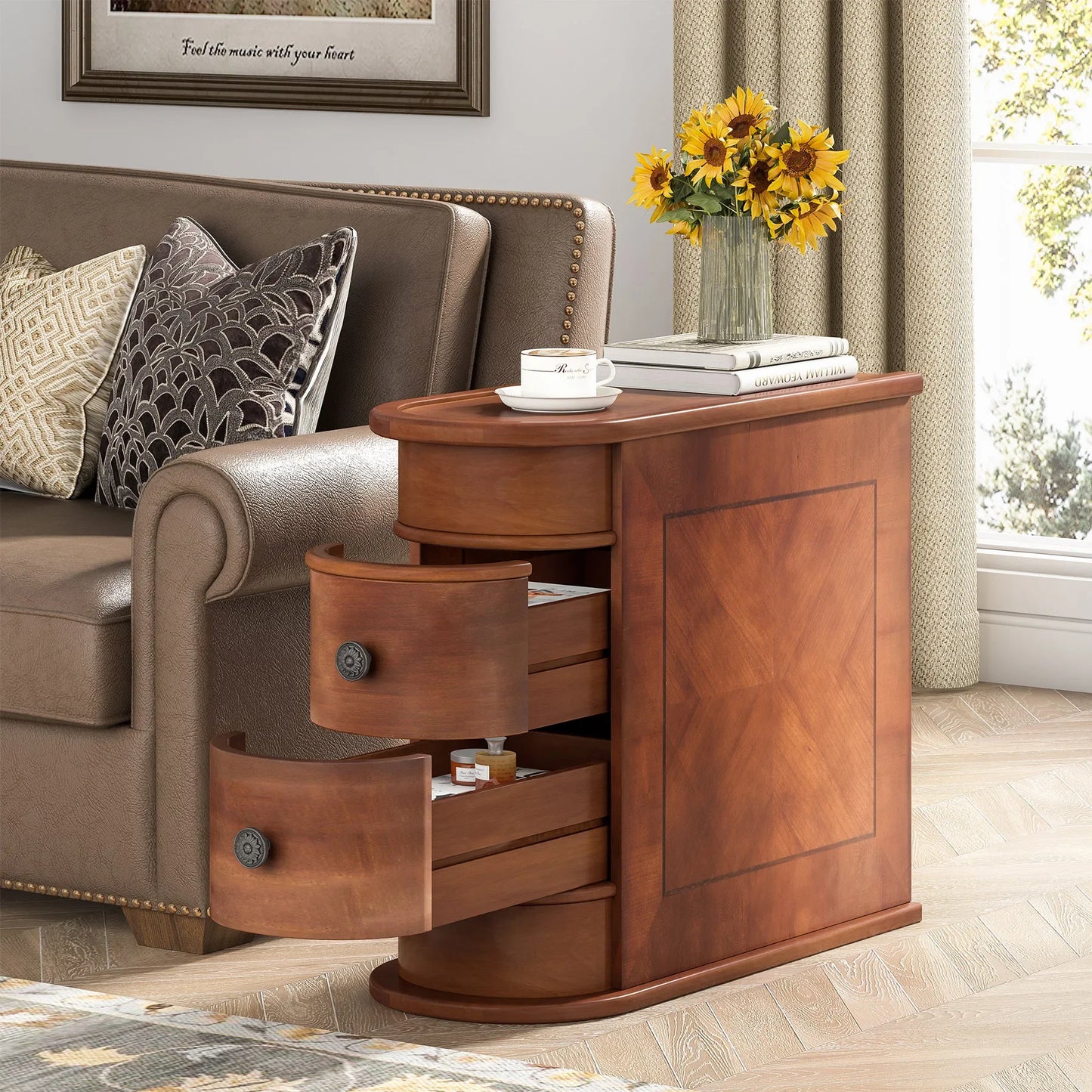 End Table Round Solid Wood Sofa Bedside Narrow Bedroom Side Table Nightstand with Drawer