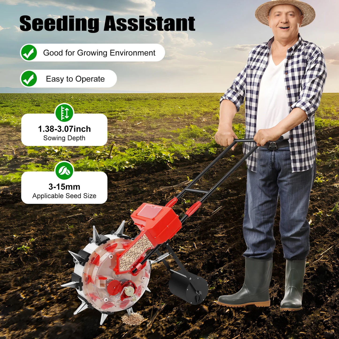 Hand-Push Seeder 10-Hole Garden Seeder Metal Hand Push Seed Spreader Farm Seeder Tool with Direct Soil Injection System