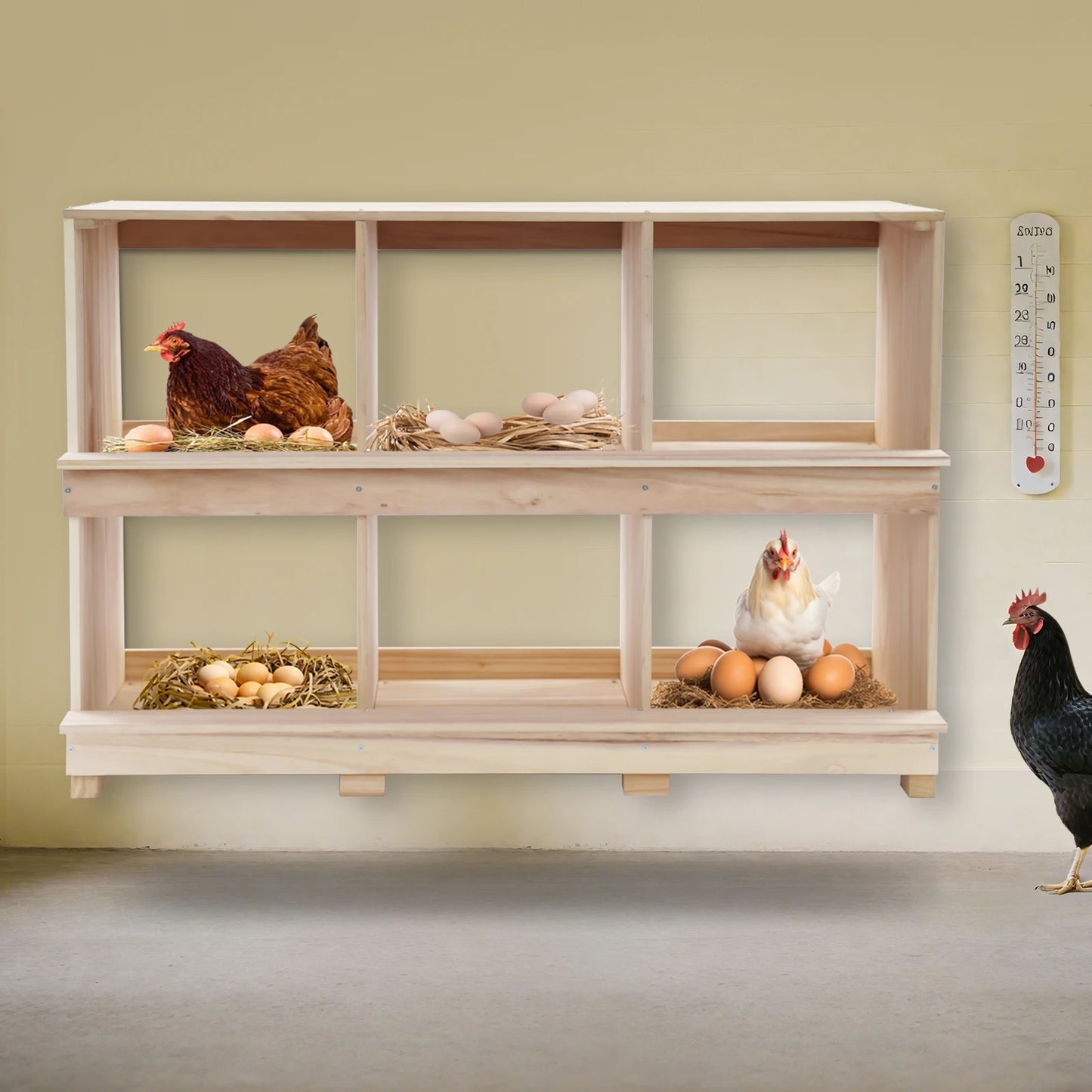 6 Compartment Wooden Chicken Nesting Box Solid Log Wood Impact Wear Resistant Stable Rectangular Frame 6 Hole Timber Hen Laying Crate Single 12in Large Cubbies 6 Grid Wood Poultry Egg Laying House For Backyard Farm Hatchery